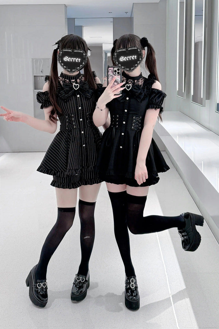 [Silver Candle Elegy”] Short Sleeves Printed Ruffled Cut-Out Bow Gothic Jirai Kei Top and Shorts Set 2 Colors - Product - 5