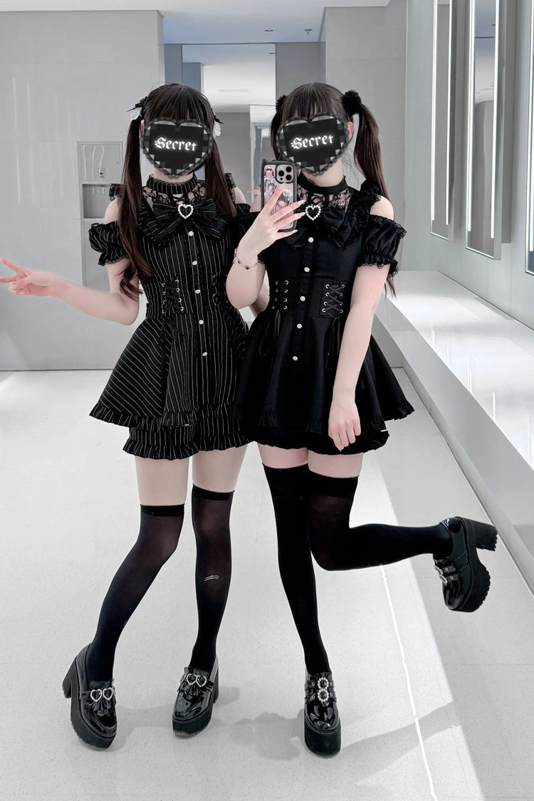 [Silver Candle Elegy”] Short Sleeves Printed Ruffled Cut-Out Bow Gothic Jirai Kei Top and Shorts Set 2 Colors - Product - 5