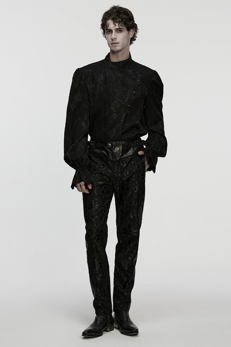 Black Stand Collar Long Puff Sleeves Print Asymmetric Men's Gothic Blouse - Product - 4