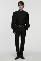 Black Stand Collar Long Puff Sleeves Print Asymmetric Men's Gothic Blouse - Product - 4