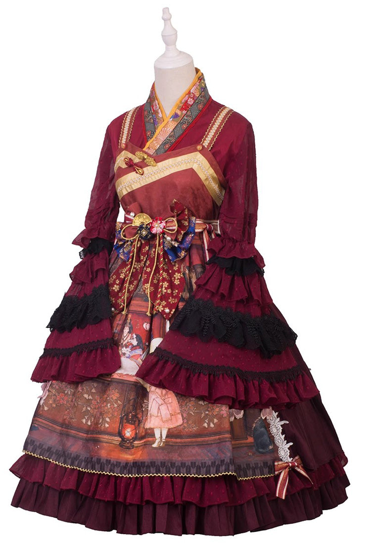 Multi-Color Nightmare Print Japanese Ruffle Bowknot Sweet Lolita Jsk Dress - Product - 9