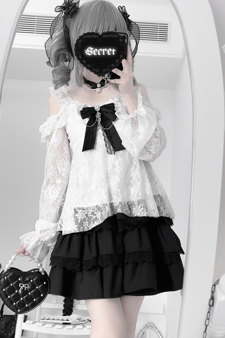 Black Triple-Layered Ruffle Lace Japanese Jirai Kei Skirt - Black - 1