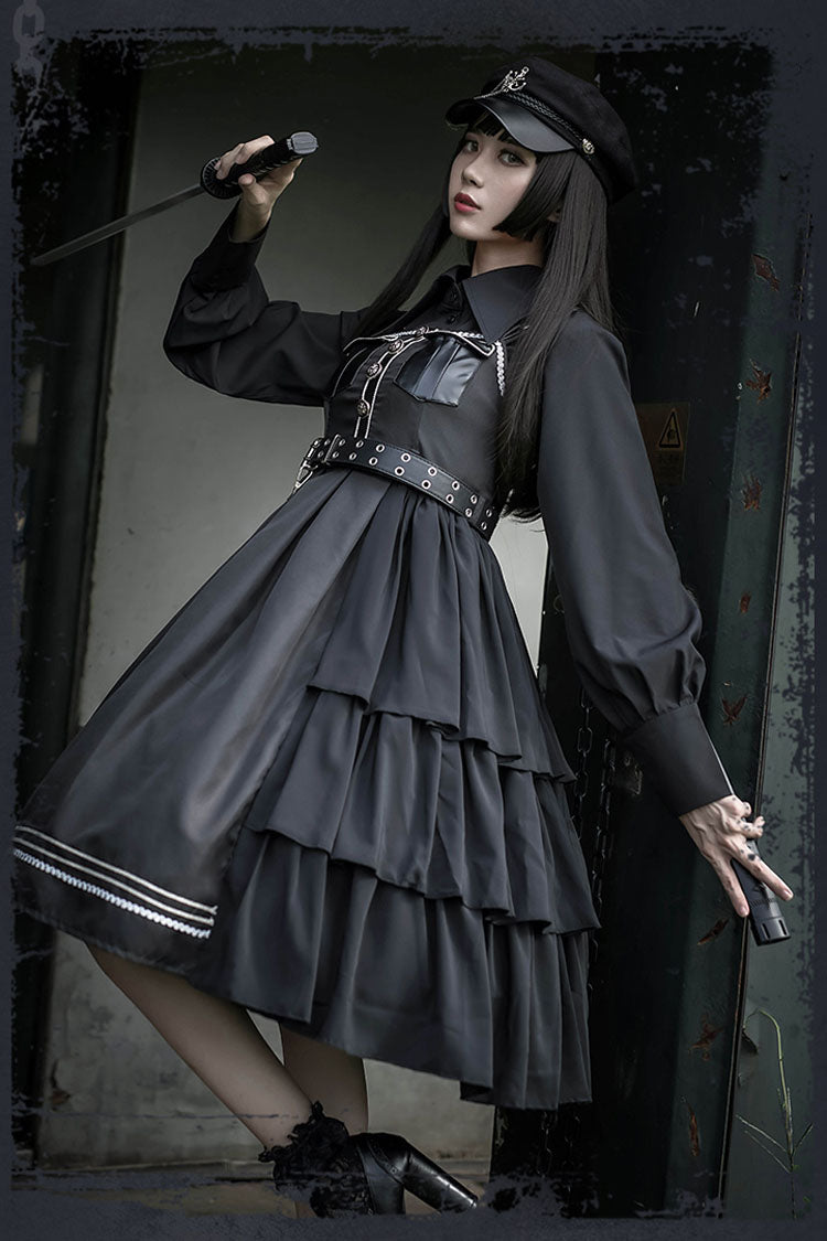 Dark V Neck Bowknot Rivets Epaulettes Sleeveless Military Uniform PU Gothic Lolita Jsk Dress - Product - 4