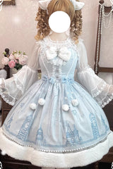 Blue [Snow Castle] Sleeveless Printed Embroidered Bow Lace Sweet Lolita Jsk Dress - Product - 5
