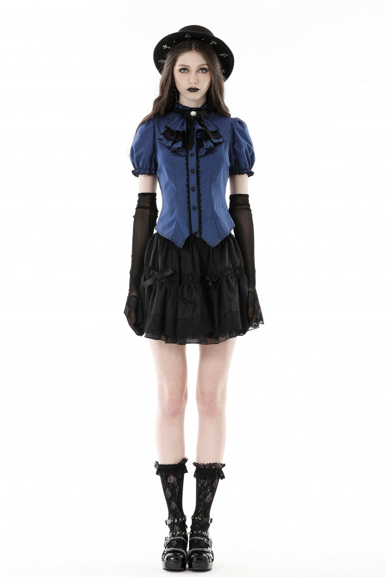 Blue/Black Striped Bow Ruffled Stand Collar Lace Jabot Short Puff Sleeves Front Button‑Up Women's Gothic Blouse - Product - 5