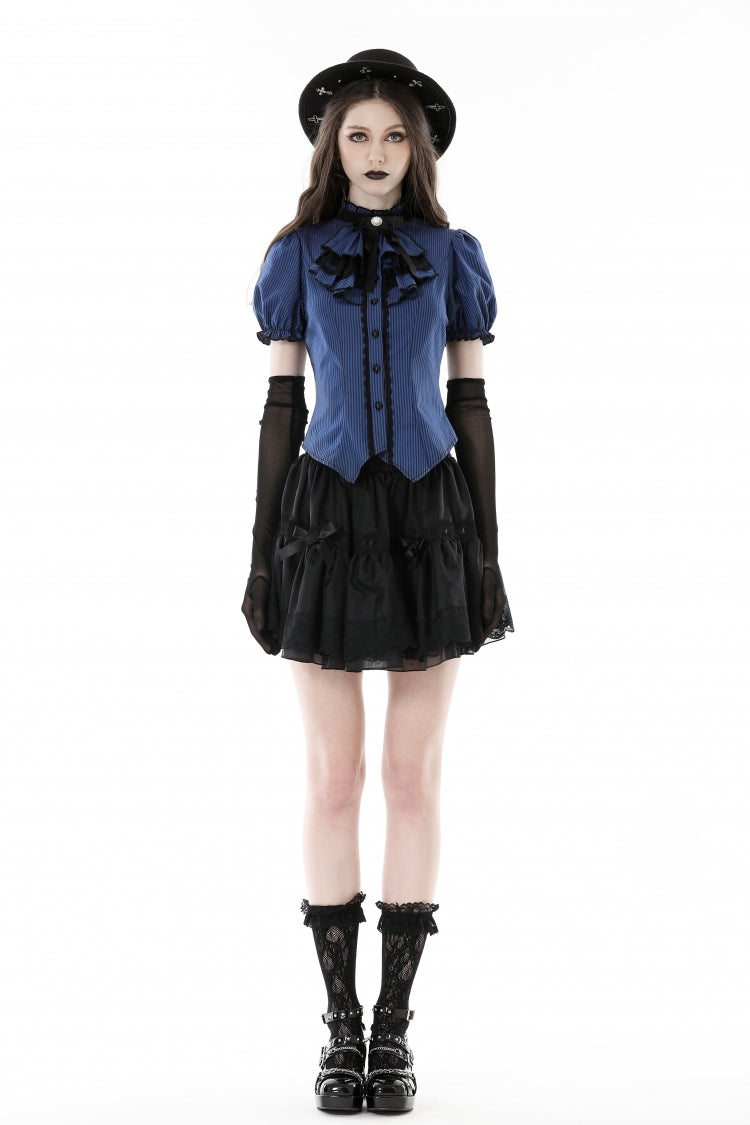 Blue/Black Striped Bow Ruffled Stand Collar Lace Jabot Short Puff Sleeves Front Button‑Up Women's Gothic Blouse - Product - 5