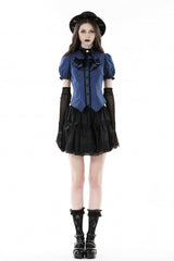 Blue/Black Striped Bow Ruffled Stand Collar Lace Jabot Short Puff Sleeves Front Button‑Up Women's Gothic Blouse - Product - 5