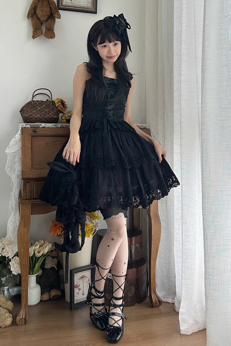 Black [Forest Waltz] Embroidery Bowknot Lace-Up Slim Sweet Elegant Lolita Suspender Top - Product - 2