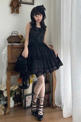 Black [Forest Waltz] Embroidery Bowknot Lace-Up Slim Sweet Elegant Lolita Suspender Top - Product - 2