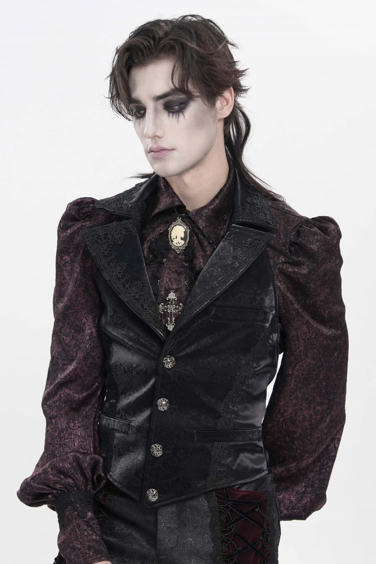Black Lapel Collar Jacquard Lace Slim Men's Gothic Vest - Product - 7