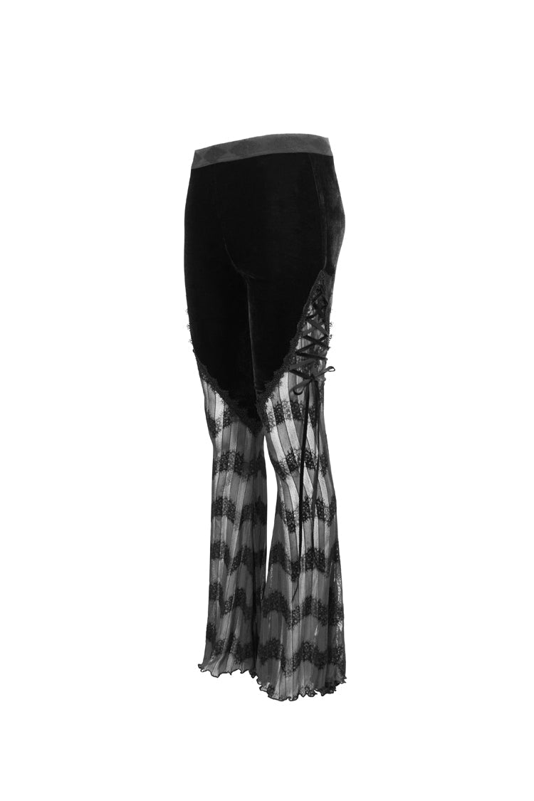 Black Striped Panel Semi Sheer Lace Up Long Women's Gothic Pants - Product - 8