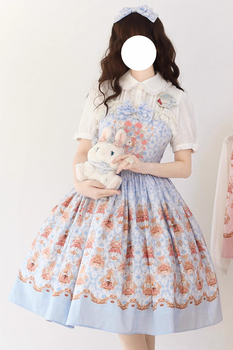 Blue [Rose Garden Rabbit] Print Ruffle Bowknot Sweet Lolita Dress - Blue - 3