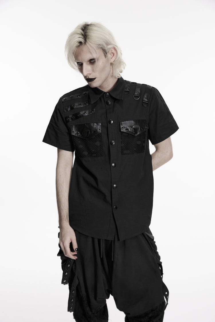 Black Lapel Collar Short Sleeves Cut-Out Spliced Men's Punk Shirt - Product - 9
