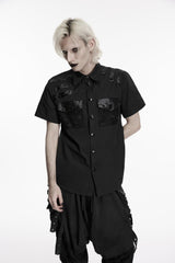 Black Lapel Collar Short Sleeves Cut-Out Spliced Men's Punk Shirt - Product - 9