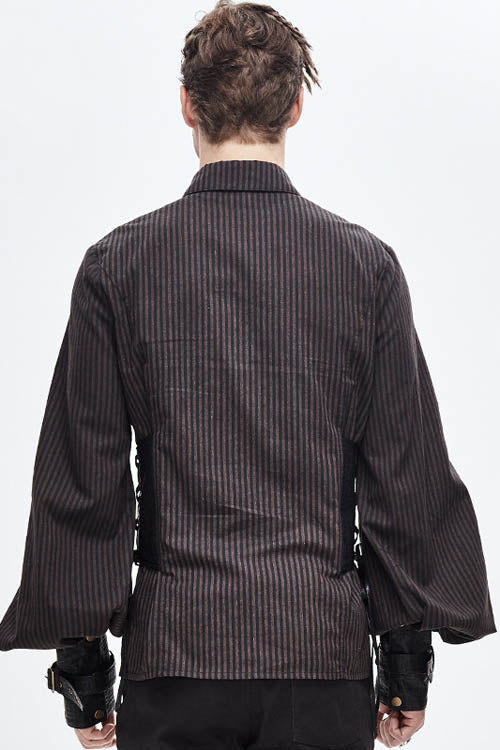 Brown Striped Waist Cuff Leather Mens Punk Blouse - Product - 3