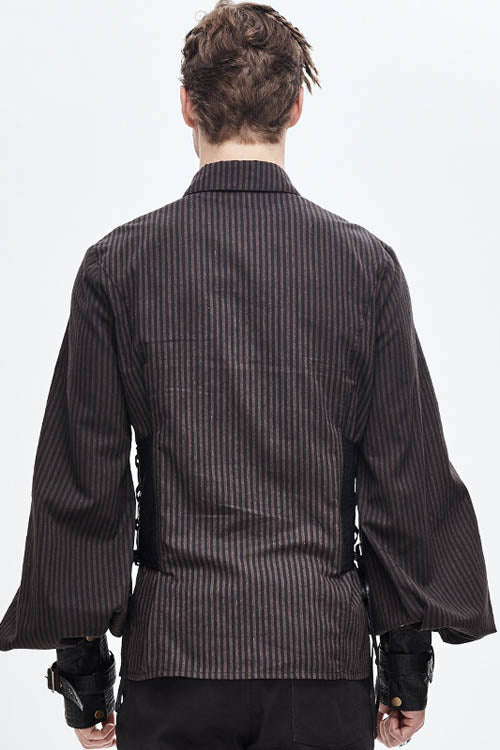 Brown Striped Waist Cuff Leather Mens Punk Blouse - Product - 3