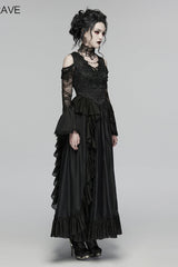 Black V Collar Long Trumpet Sleeves Double-Layered Hanayome Cut-Out Embroidered Lace Lace-Up Pearl-Decorated Pleated Women's Gothic Gorgeous Palace Dress - Product - 3