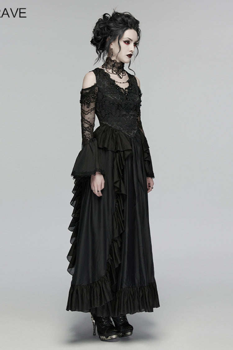Black V Collar Long Trumpet Sleeves Double-Layered Hanayome Cut-Out Embroidered Lace Lace-Up Pearl-Decorated Pleated Women's Gothic Gorgeous Palace Dress - Product - 3
