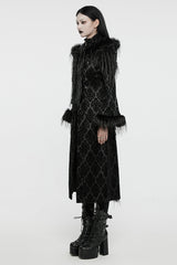 Black Stand Collar Long Sleeves Jacquard Print Stitching Hooded Women's Gothic Coat - Product - 2