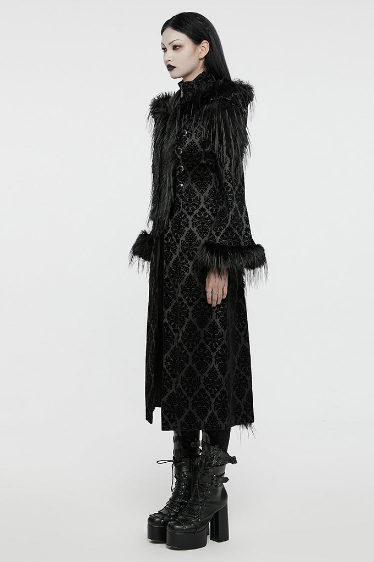 Black Stand Collar Long Sleeves Jacquard Print Stitching Hooded Women's Gothic Coat - Product - 2