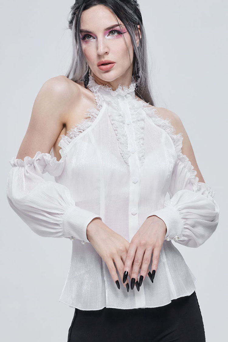 White Gothic Off-The-Shoulder Halter Lace Ruffled Lantern Sleeves Women's Shirt - Product - 3