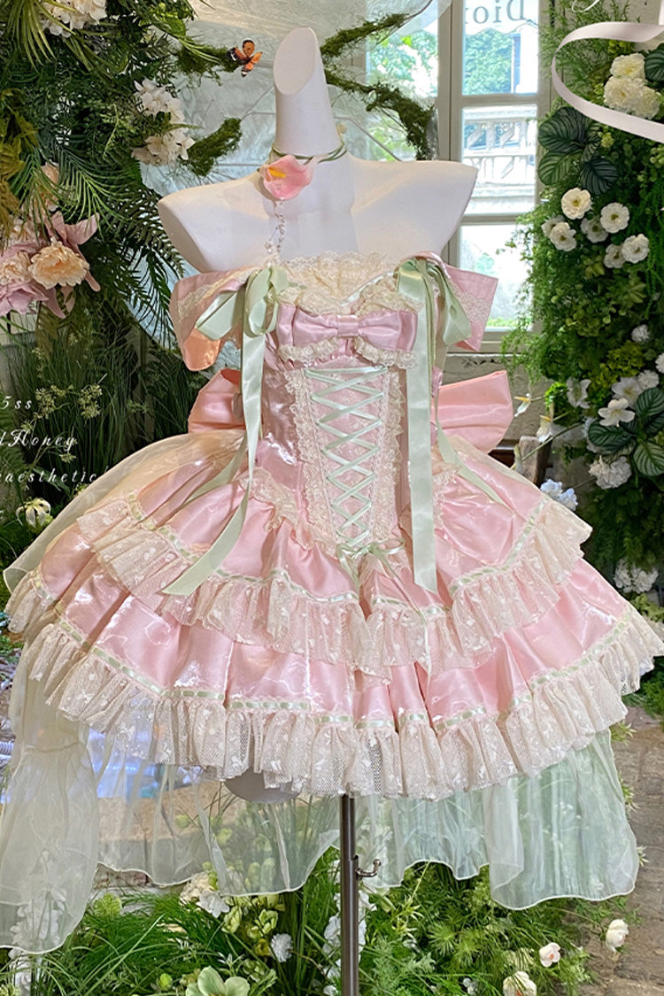 Pink [Tulip Love Song] Boat Neck Double-Layered Ruffle Bowknot Lace Lace-Up Romantic Sweet Princess Lolita Dress - Product - 3
