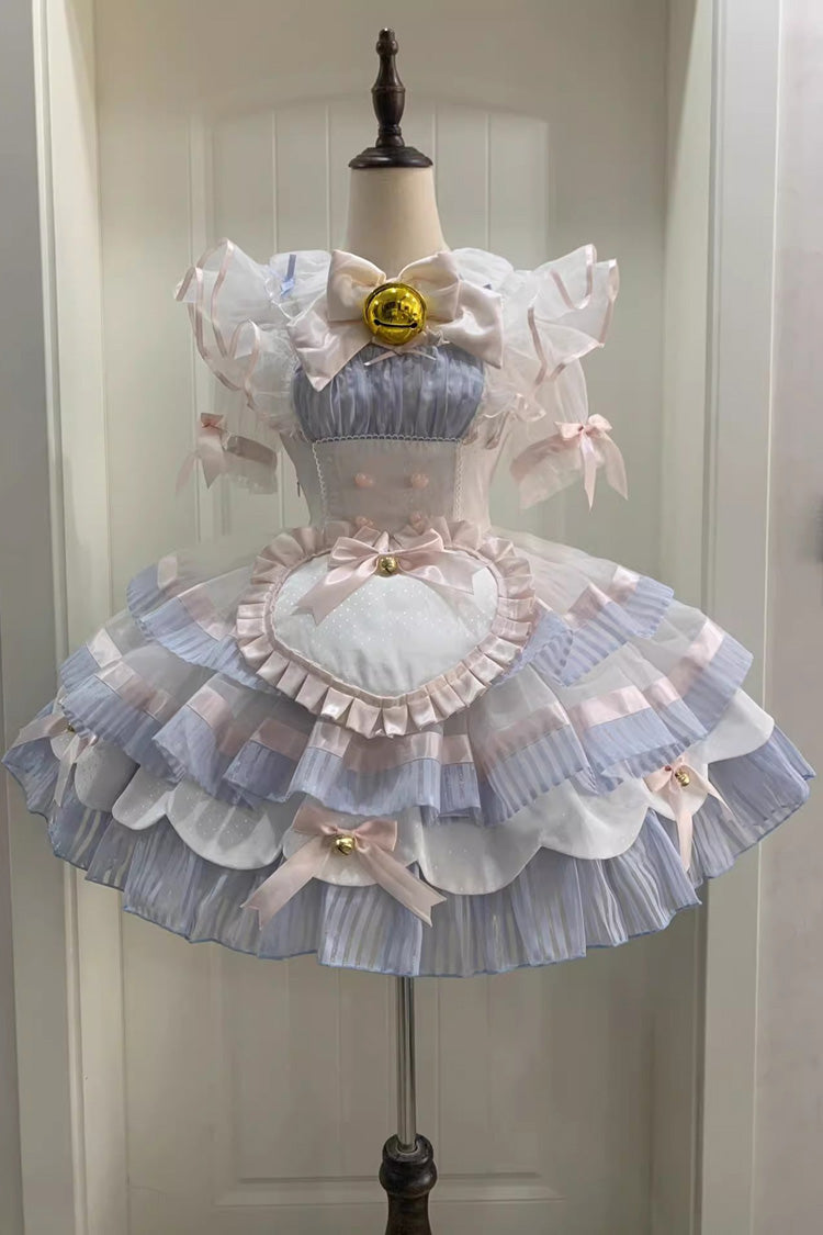 Blue Magical Girl Multi-layer Ruffle Bowknot Bell Maid Sweet Lolita Dress Full Set - Blue - 1