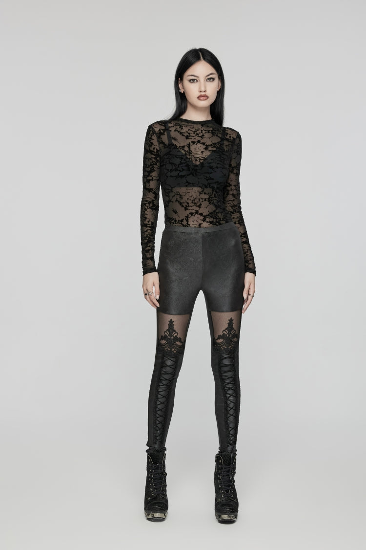 Black Embroidered Spliced Sheer Women's Gothic Leggings - Product - 7