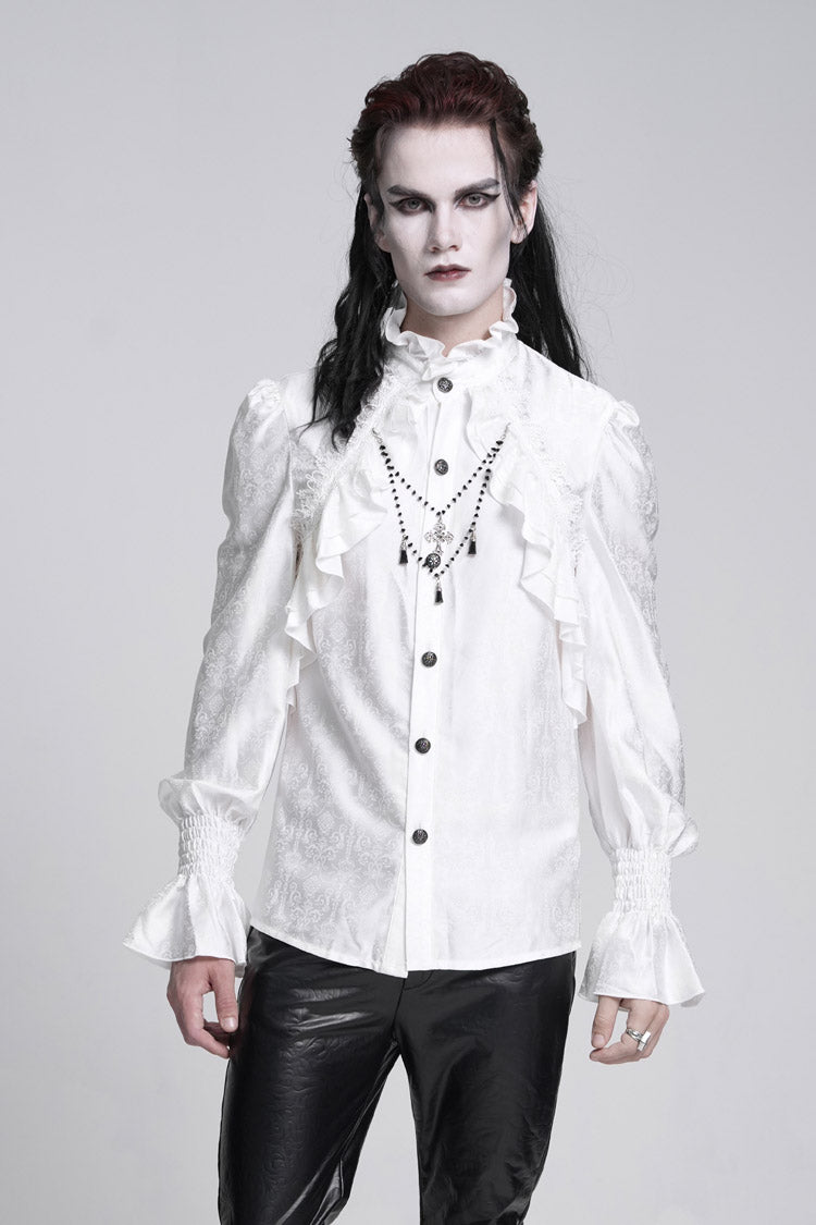 White Stand Collar Long Sleeves Ruffle Lace Cross Men's Gothic Blouse - Product - 7