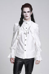 White Stand Collar Long Sleeves Ruffle Lace Cross Men's Gothic Blouse - Product - 7