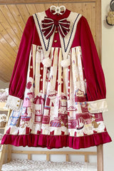 Red Long Sleeves Squirrel Popcorn Print Bowknot Sweet Lolita Dress - Product - 6