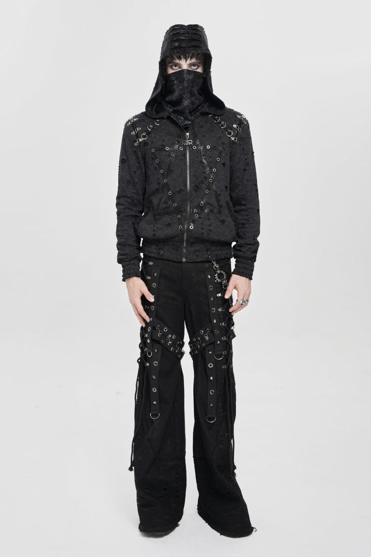 Black Long Sleeves Hexagram Print Hooded Ripped Pleated Men's Punk Coat - Product - 2
