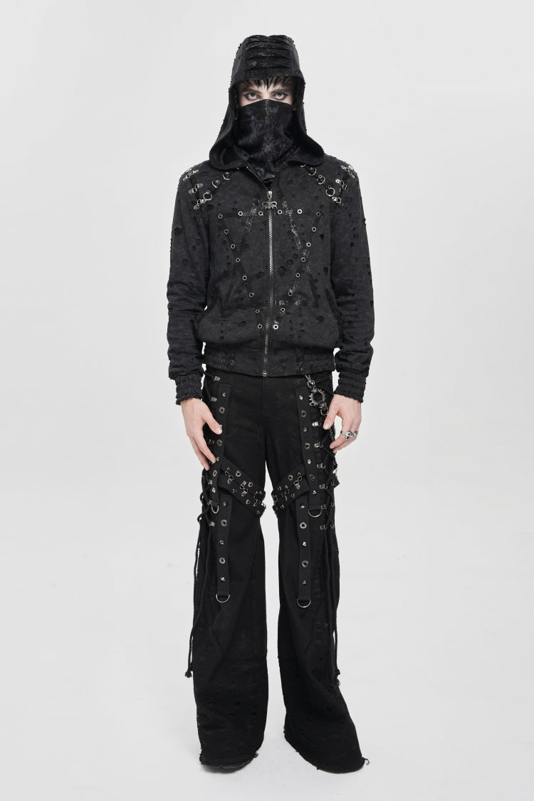 Black Long Sleeves Hexagram Print Hooded Ripped Pleated Men's Punk Coat - Product - 2