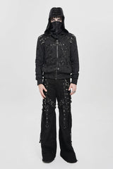 Black Long Sleeves Hexagram Print Hooded Ripped Pleated Men's Punk Coat - Product - 2