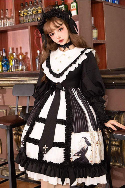 Black Doll Collar Long Sleeves Ruffled Anthem Print Gothic Lolita OP Dress - Product - 2