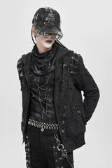 Black Long Sleeves Hexagram Print Hooded Ripped Pleated Men's Punk Coat - Product - 9