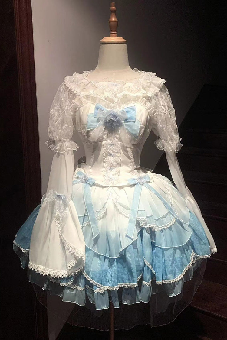 White/Blue Gradient Multi-layer Ruffle Bowknot Lace Sweet Lolita Jsk Dress - Product - 3