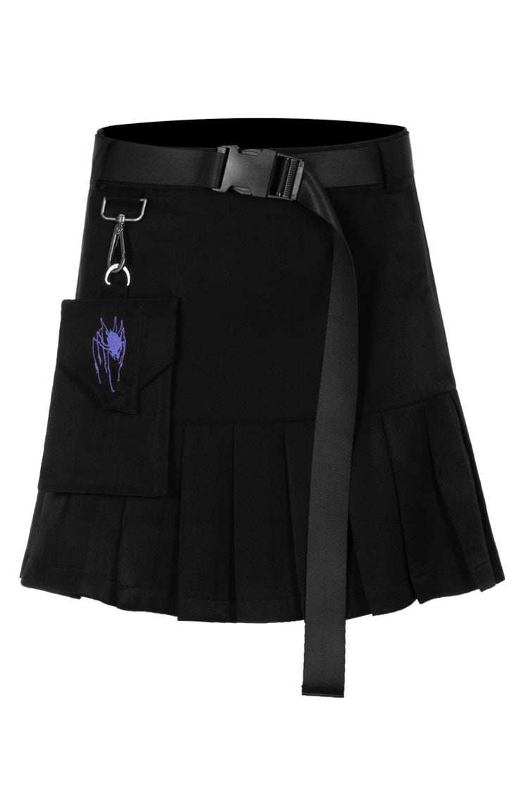 Black Buckle Belt Waist Bag Spider Embroidery Women's Punk Pleated Skirt - Product - 5
