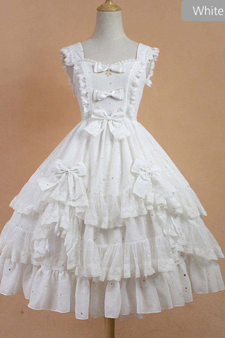 Chiffon Golden Star Bowknot Print Classic Lolita Sling Dress - White - 2