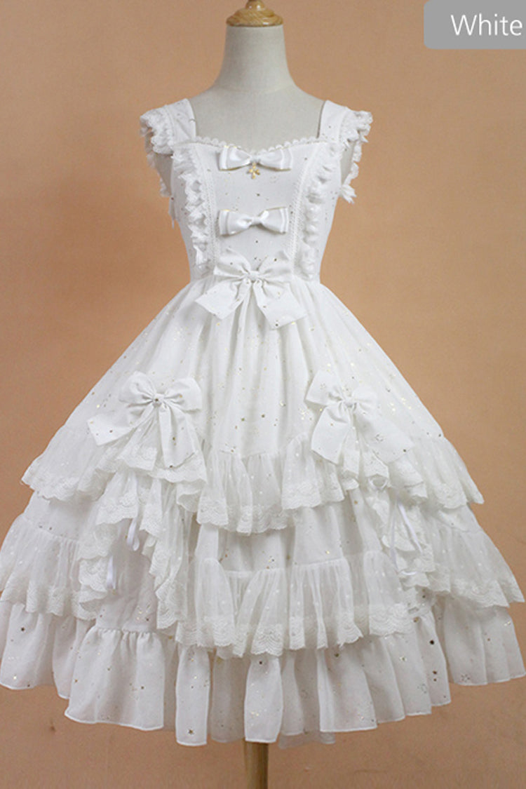 Chiffon Golden Star Bowknot Print Classic Lolita Sling Dress - White - 2