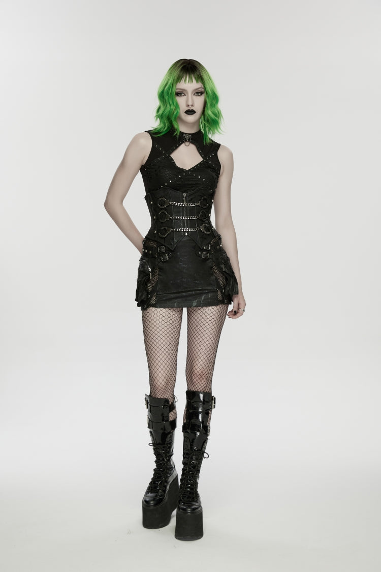 Black Lace-Up Slim Fit Studded Zippered Chain-Decorated Women's Punk Luxurious Cool Underbust Corset - Product - 6