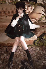 Black/Green Magic Academy Lapel Collar Gothic Vintage College Style Lolita Skirt Full Set - Product - 2