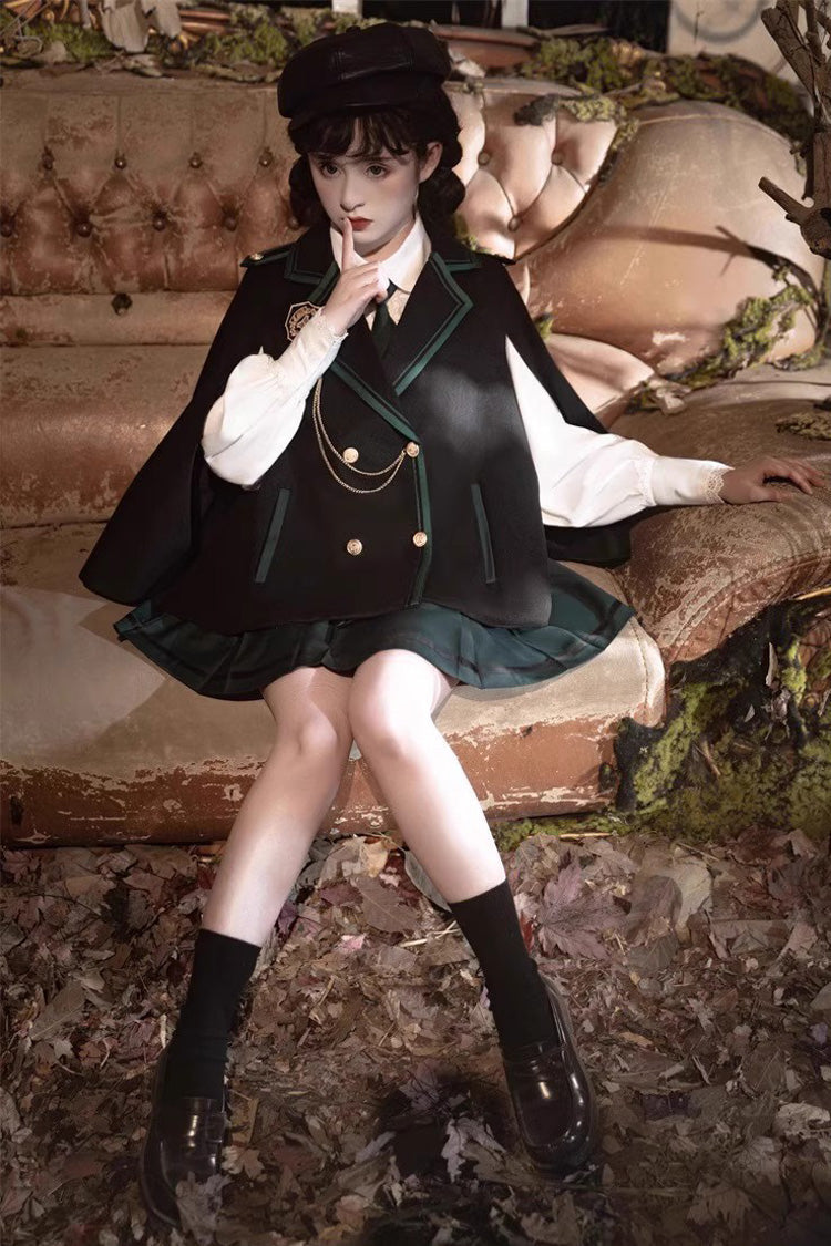 Black/Green Magic Academy Lapel Collar Gothic Vintage College Style Lolita Skirt Full Set - Product - 2