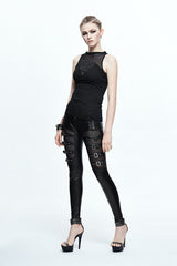Black Leather Embroidered Gear Cotton Womens Punk T-Shirt - Product - 7