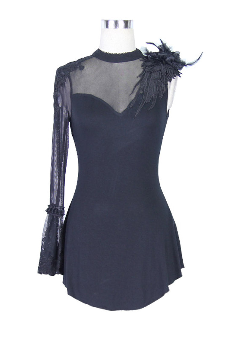 Black Shoulder Decals Feather Decoration Single Sleeve Splice Mesh Women's Gothic Knit - Product - 7