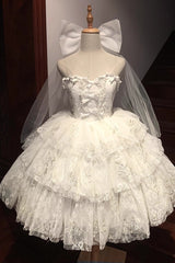 White Short Sleeves Multi-layer Print Hanayome Bowknot Sweet Princess Lolita Strapless Dress - White - 1