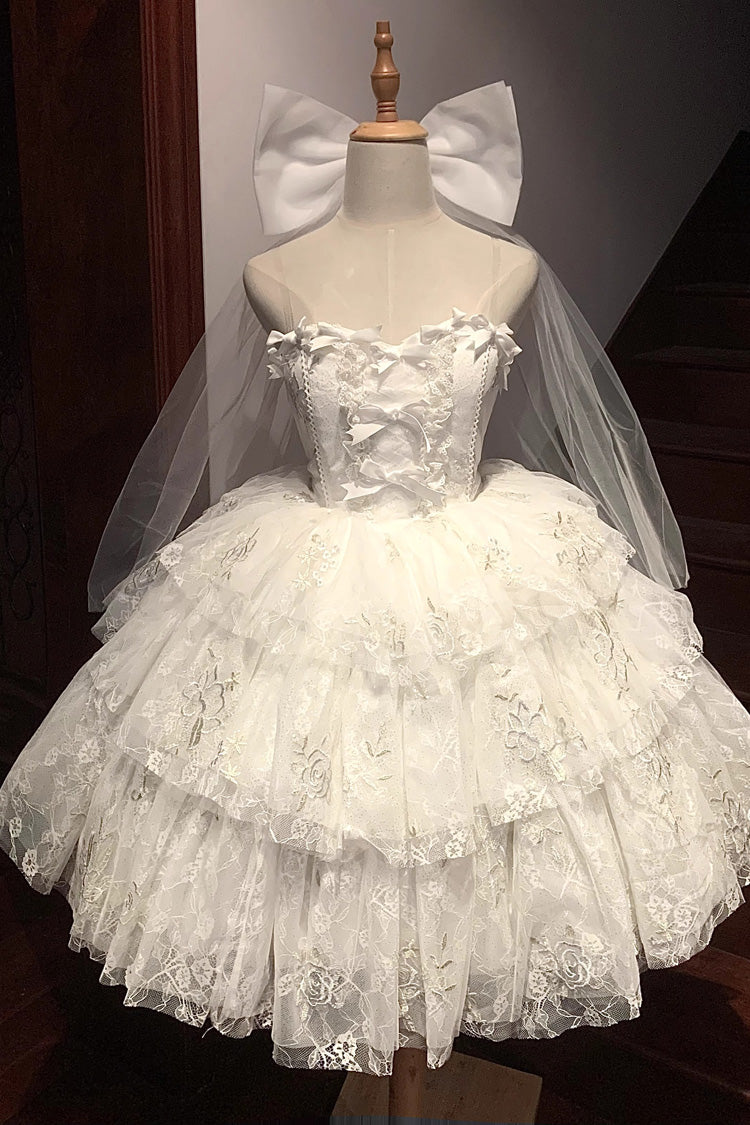 White Short Sleeves Multi-layer Print Hanayome Bowknot Sweet Princess Lolita Strapless Dress - White - 1