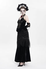 Black Sleeveless Hollow Floral Embroidery Lace-Up Pleated Women's Gothic Maxi Dress - Product - 6