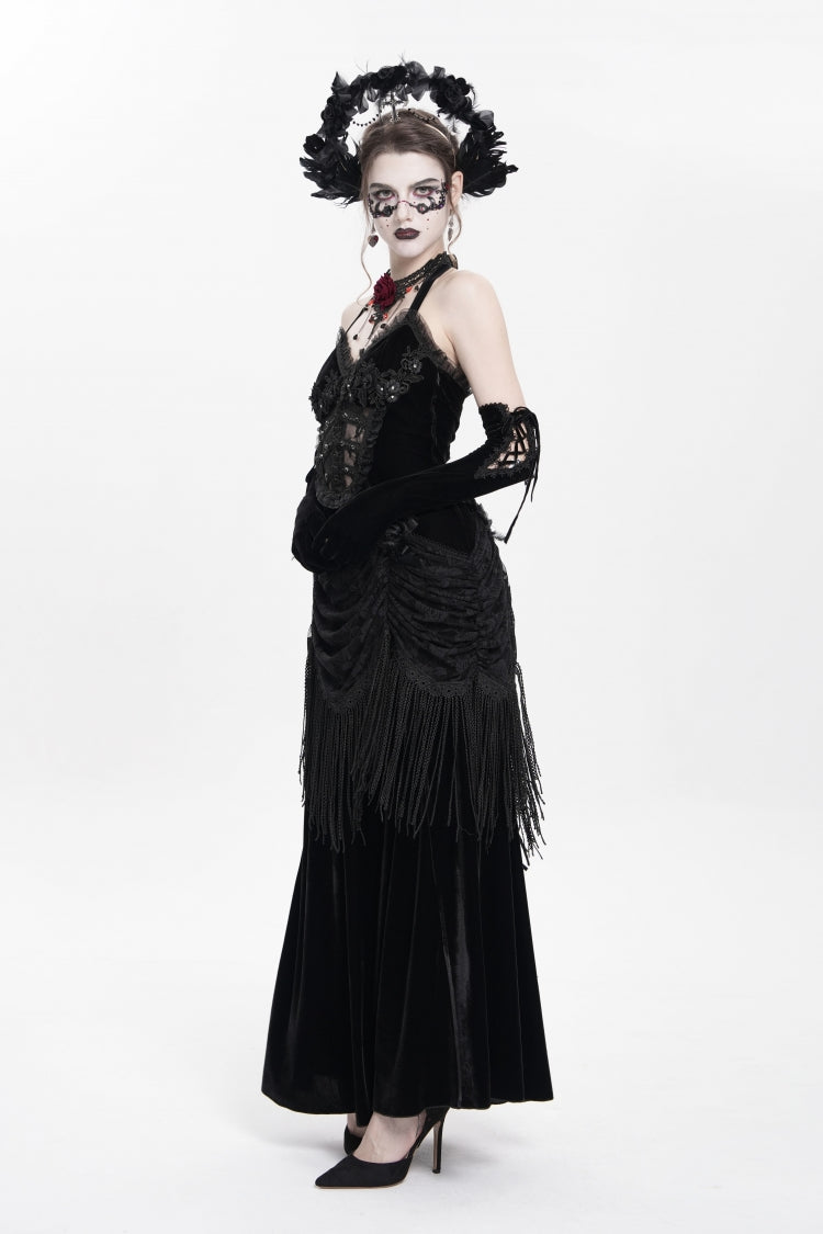 Black Sleeveless Hollow Floral Embroidery Lace-Up Pleated Women's Gothic Maxi Dress - Product - 6