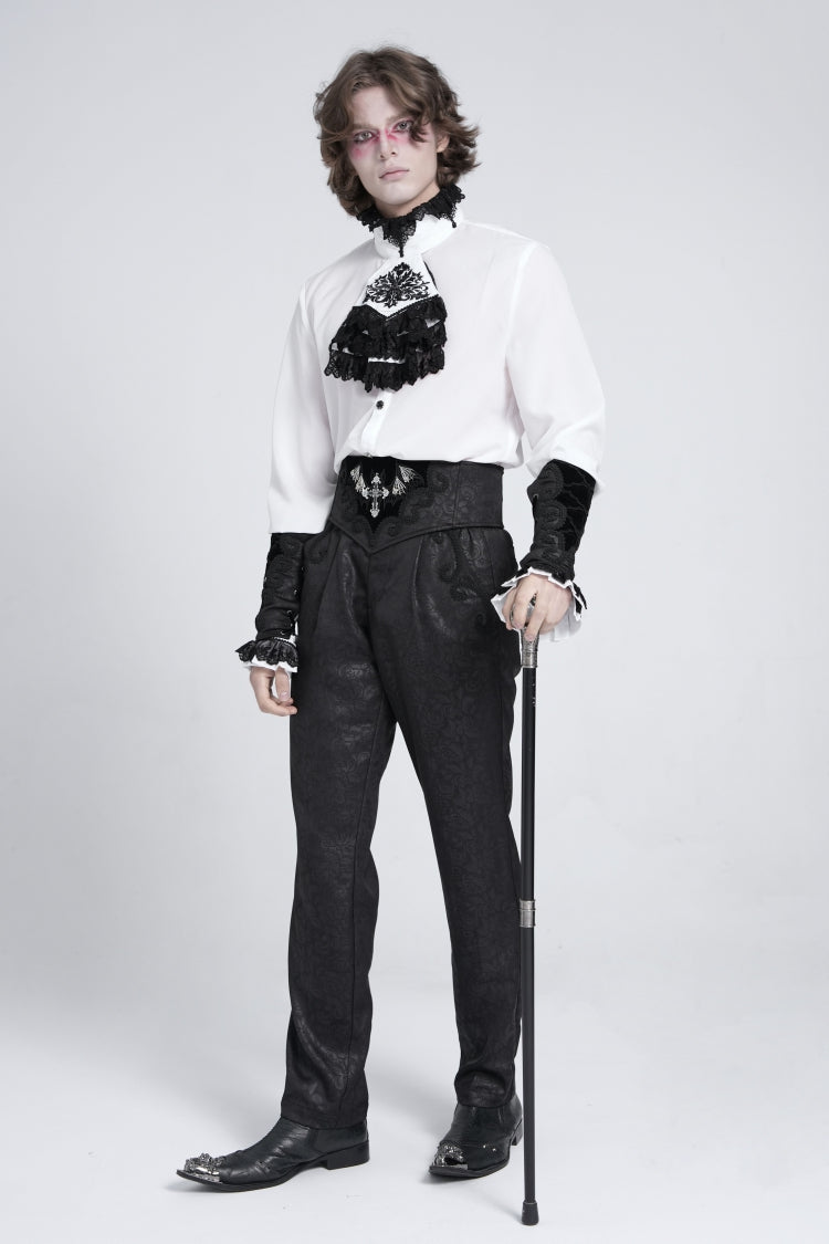 Black Floral Print Embroidery Men's Gothic Suit Pants - Product - 6